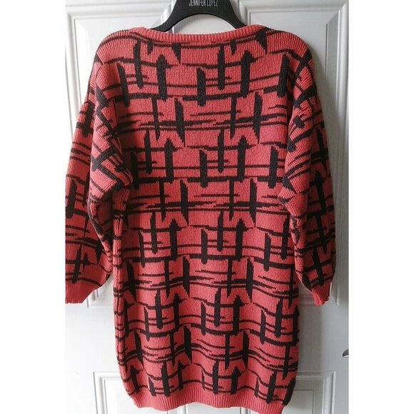 Vintage Sweater 80s Red Black Abstract Long Retro Nostalgia Slouchy - Picture 6 of 12